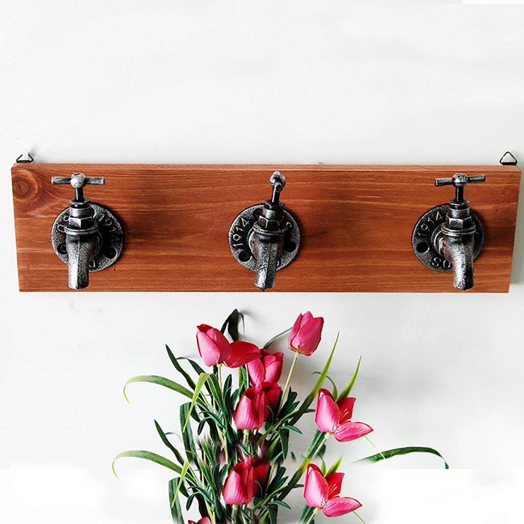 YIMJ Coat Hooks Hookahs Faucet Clothes Hooks Home Bar Wood Wall Storage Rack Retro 3 Coat Hooks Garment, Towels, Hat Hanger Rack Decorative Hooks, Red