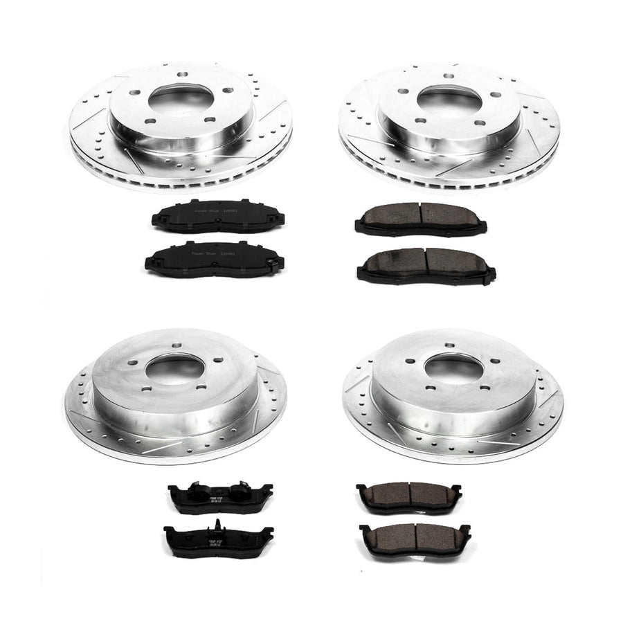 Power Stop K1867 Z23 Carbon Fiber Brake Pads Front and Rear with Drilled & Slotted Brake Rotors Kit For Ford F-150 1999-2000 [Model Specific]