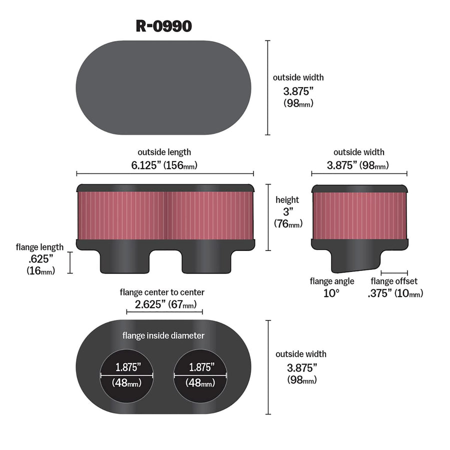 K&N Original High-Flow Lifetime Universal Clamp-On Air Filter: High Performance, Premium, Washable: Flange Diameter: 1.875 In, Filter Height: 3 In, Flange Length: 0.625 In, Shape: Oval, R-0990