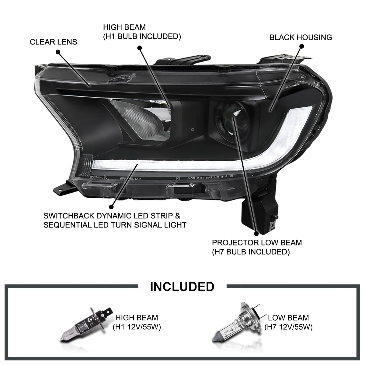 Black Sequential Projector Headlights SPEC-D TUNING Compatible with 2019-2022 Ford Ranger XL/XLT, Left + Right Pair Headlamps Assembly