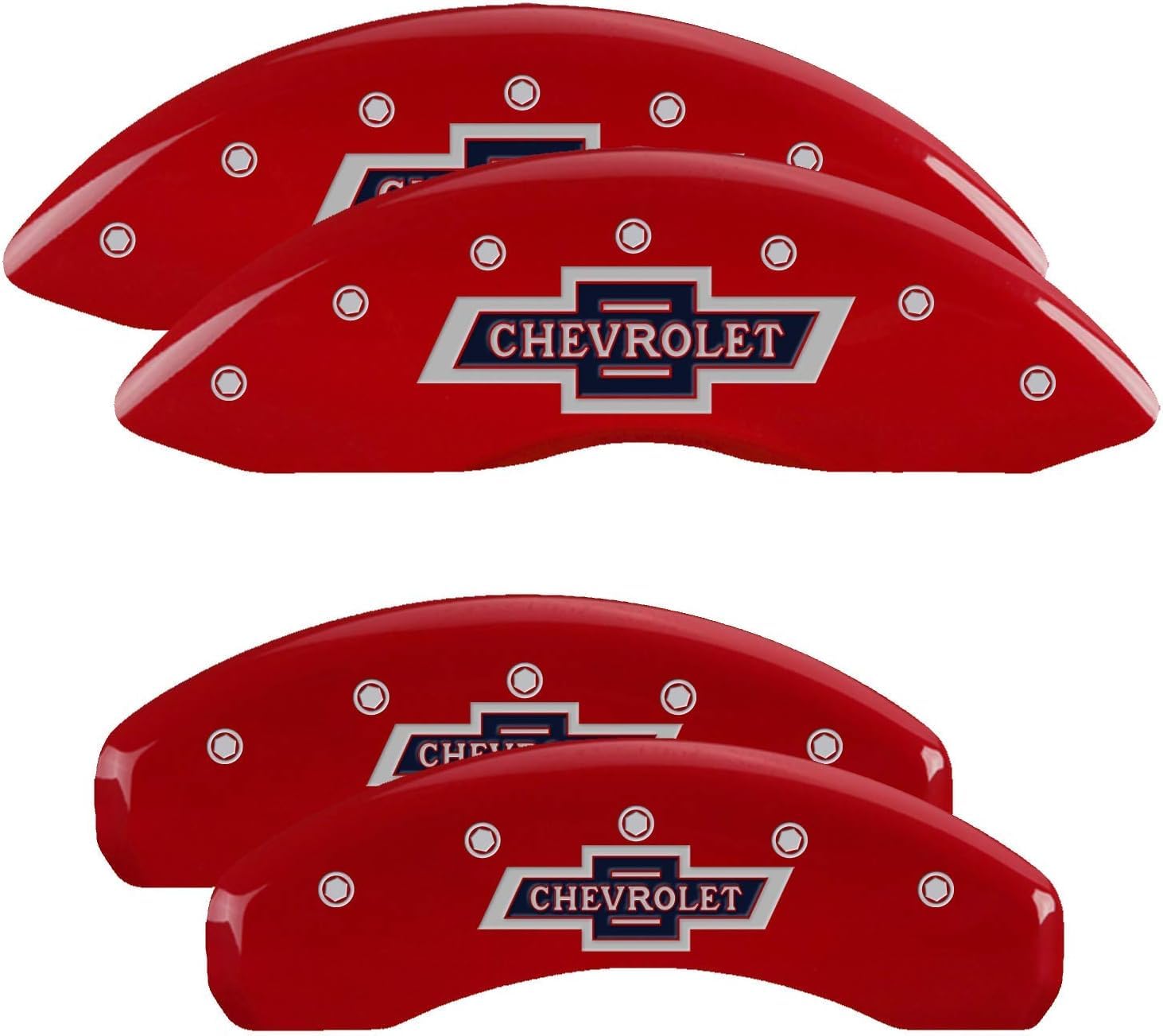 Brake Caliper Covers MGP Compatible with 2019-2025 Chevrolet Silverado, Tahoe, Suburban - Red Powder-Coated Finish, Engraved Chevy Logo, Aluminun Front and Rear Caliper Covers (Set of 4)