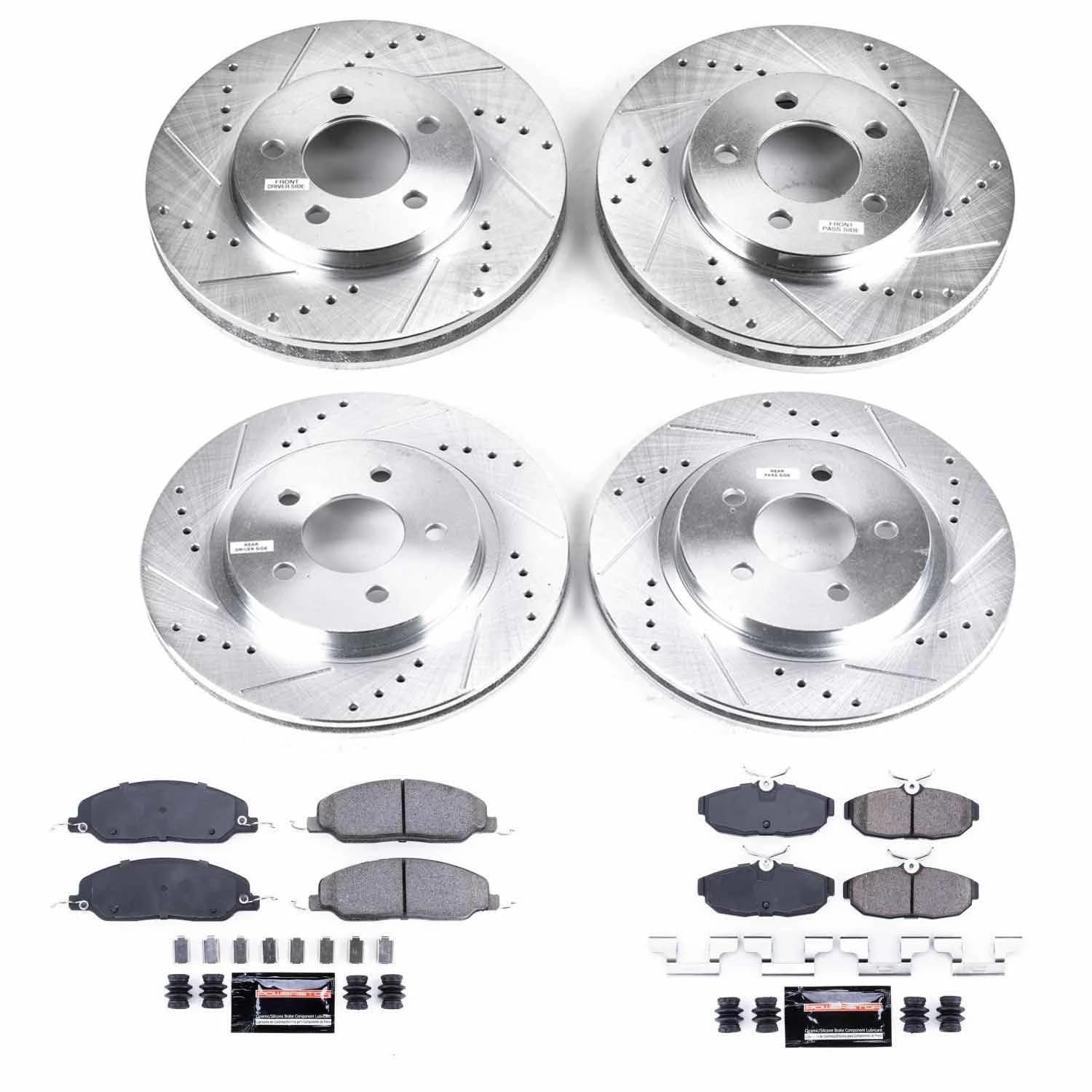 Power Stop K1383 Z23 Carbon Fiber Brake Pads Front and Rear with Drilled & Slotted Brake Rotors Kit For Ford Mustang 2005-2010 [Model Specific]