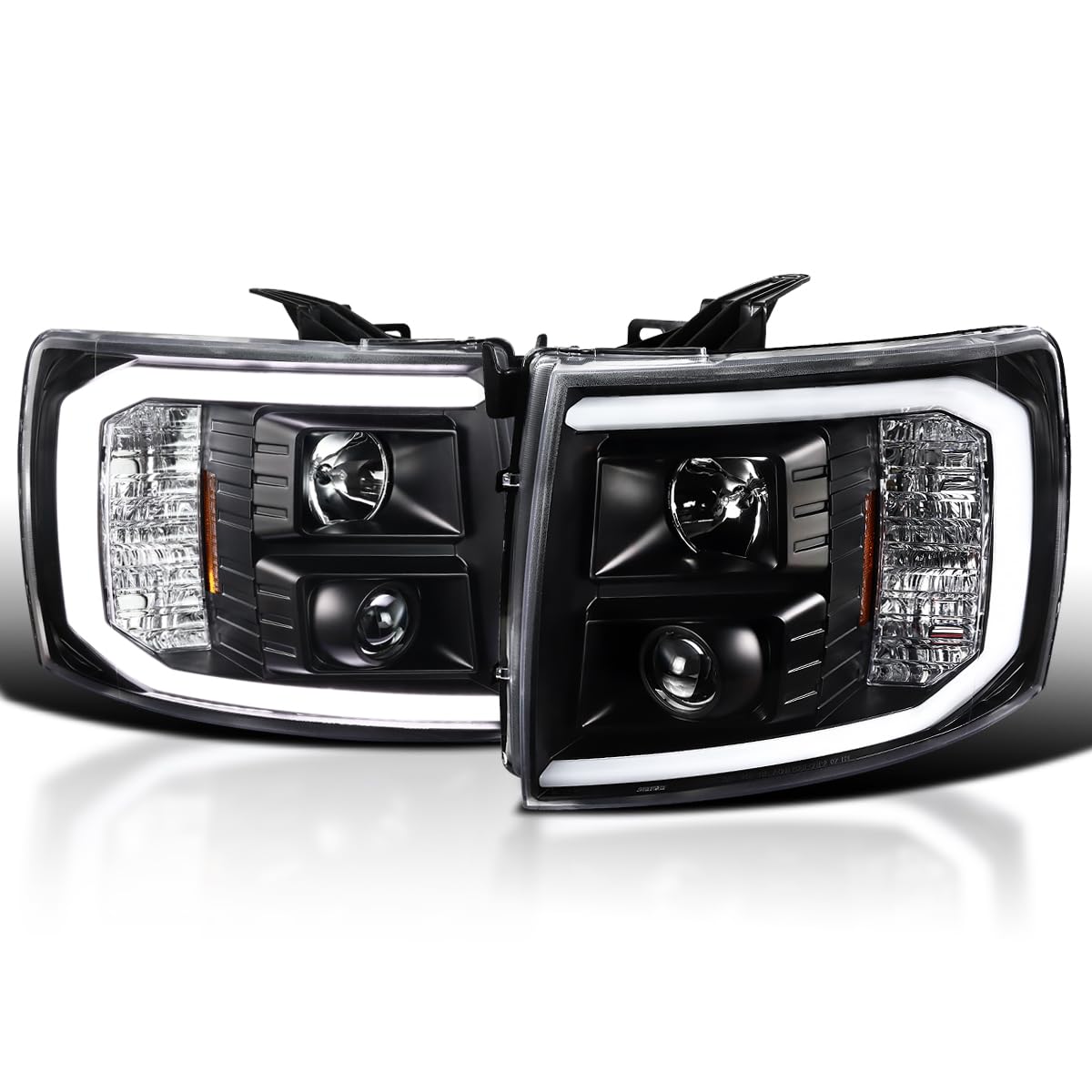 Black LED Light Tube Projector Headlights SPEC-D TUNING Compatible with 2007-2013 Chevy Silverado 1500 2500HD 3500HD, Left + Right Pair Headlamps Assembly
