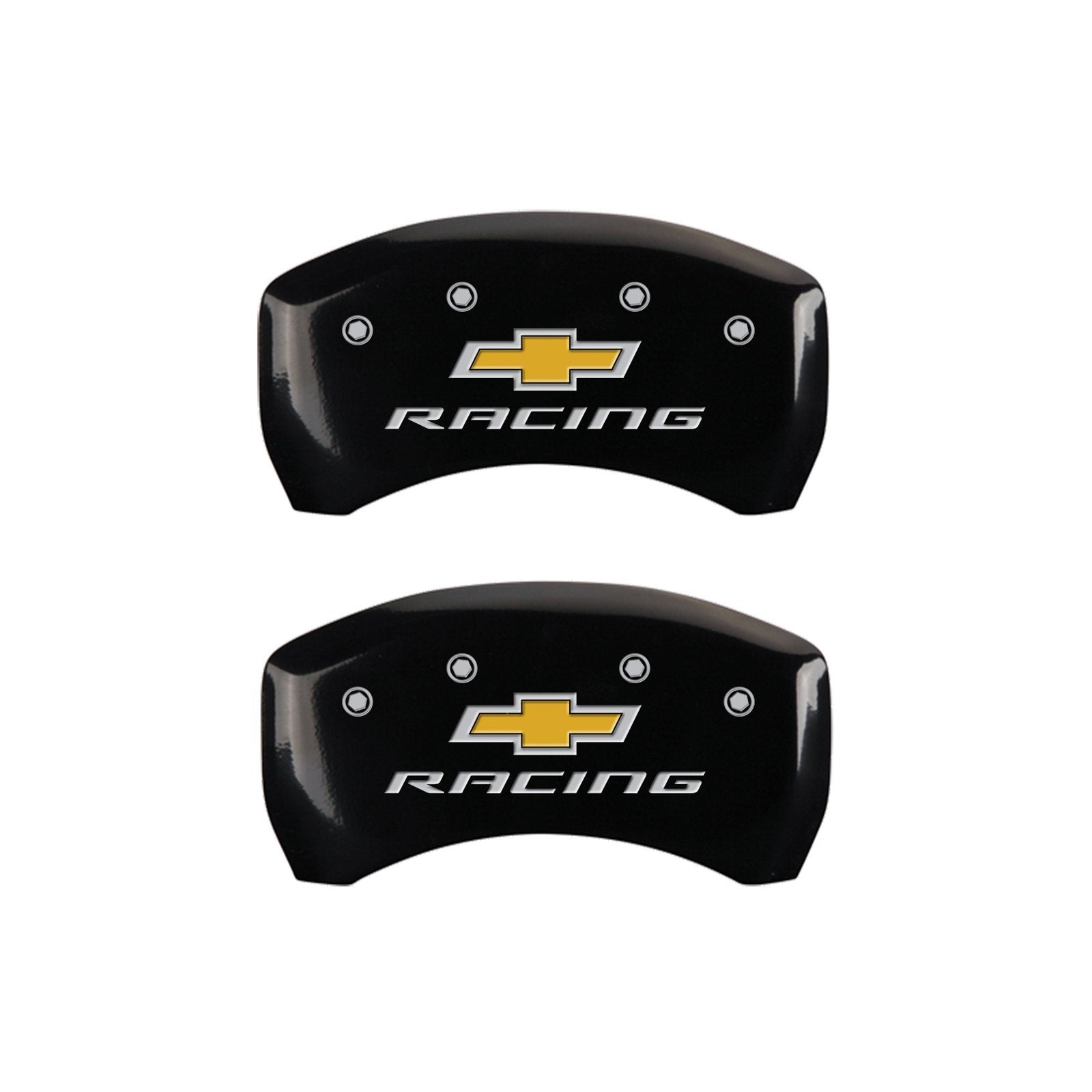 MGP Caliper Covers Front and Rear 14231SBRCBK Black Powder Coat Finish, Set of 4 (Chevy racing Silver Characters, Engraved)