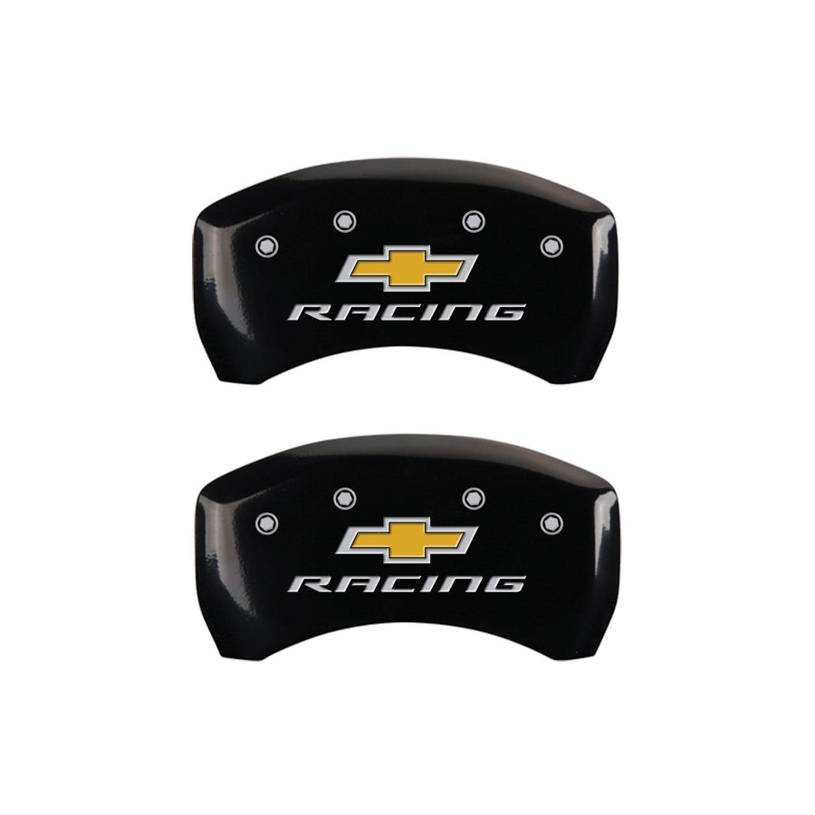 MGP Caliper Covers Front and Rear 14231SBRCBK Black Powder Coat Finish, Set of 4 (Chevy racing Silver Characters, Engraved)