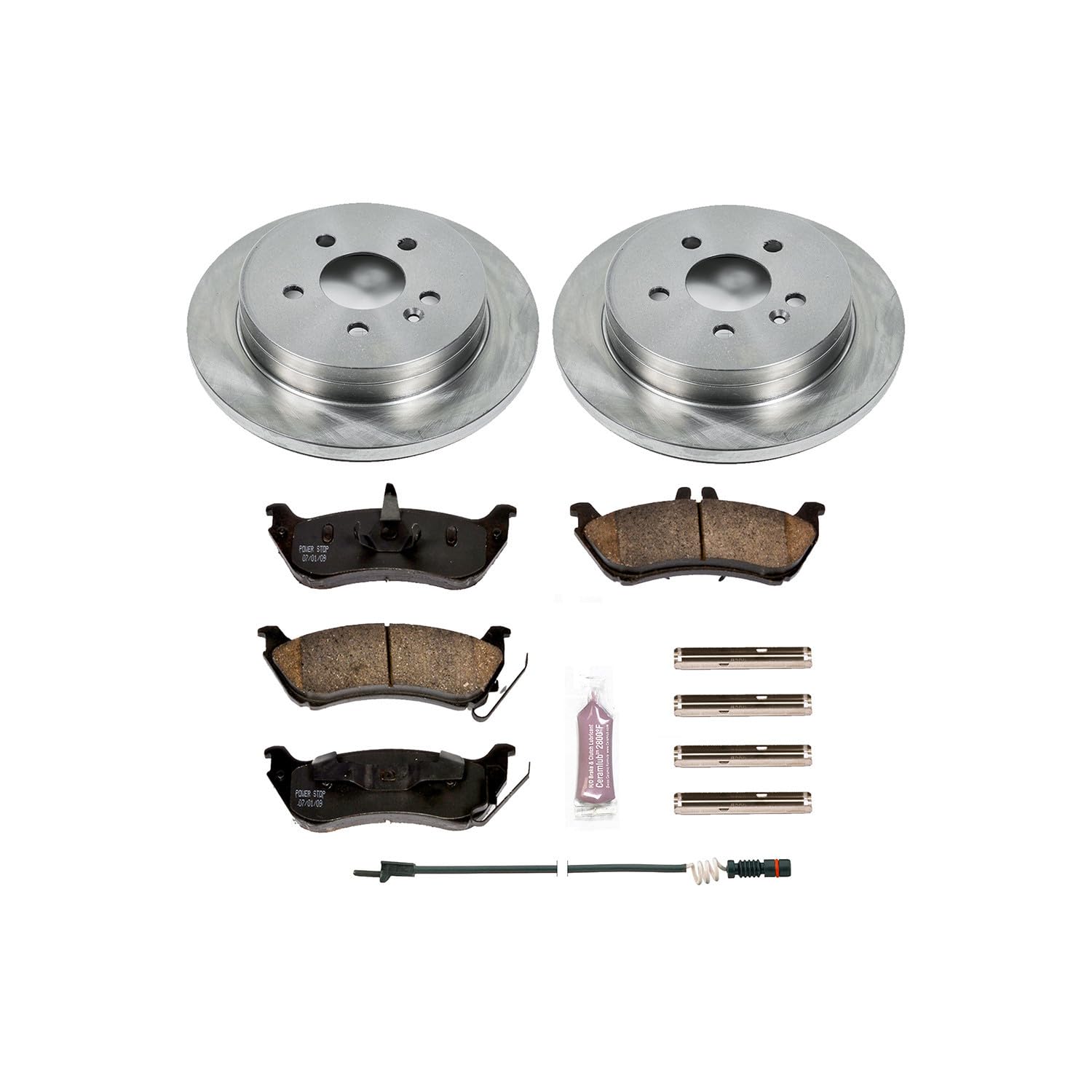 Power Stop Autospecialty KOE866 Rear Replacement Brake Kit-OE Brake Rotors & Ceramic Brake Pads and 1 Rear Sensor Wire