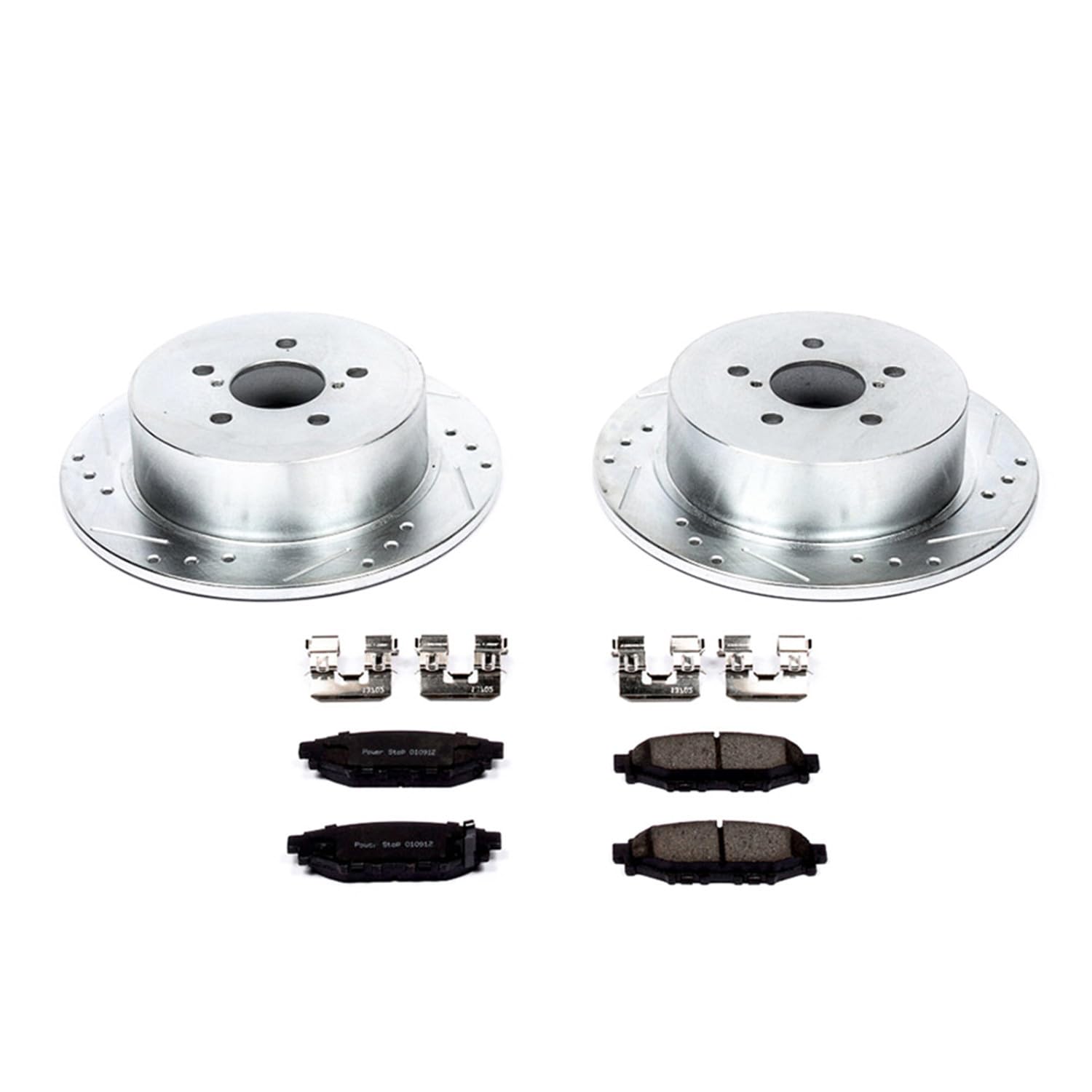 Power Stop K4632 Z23 Carbon Fiber Brake Pads Rear with Drilled & Slotted Brake Rotors Kit For Subaru Legacy 2005-2009, Subaru Outback 2005-2009 [Model Specific]