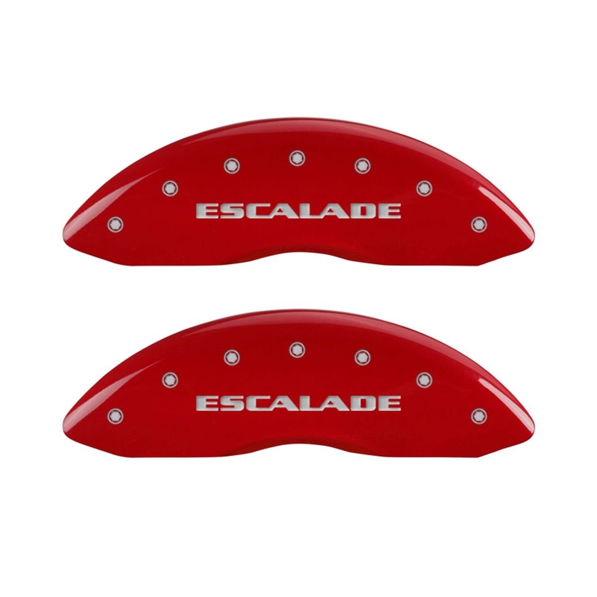 SET OF 4 CALIPER COVERS, RED, FRONT AND REAR: ESCALADE, SILVER CHARACTERS