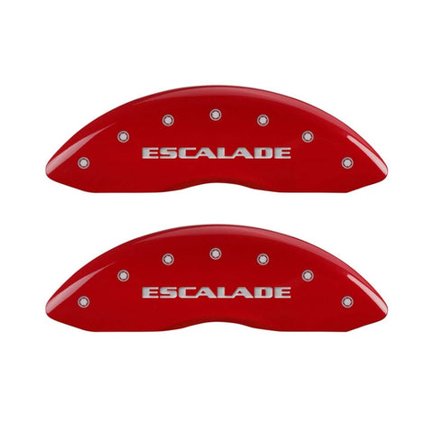 SET OF 4 CALIPER COVERS, RED, FRONT AND REAR: ESCALADE, SILVER CHARACTERS