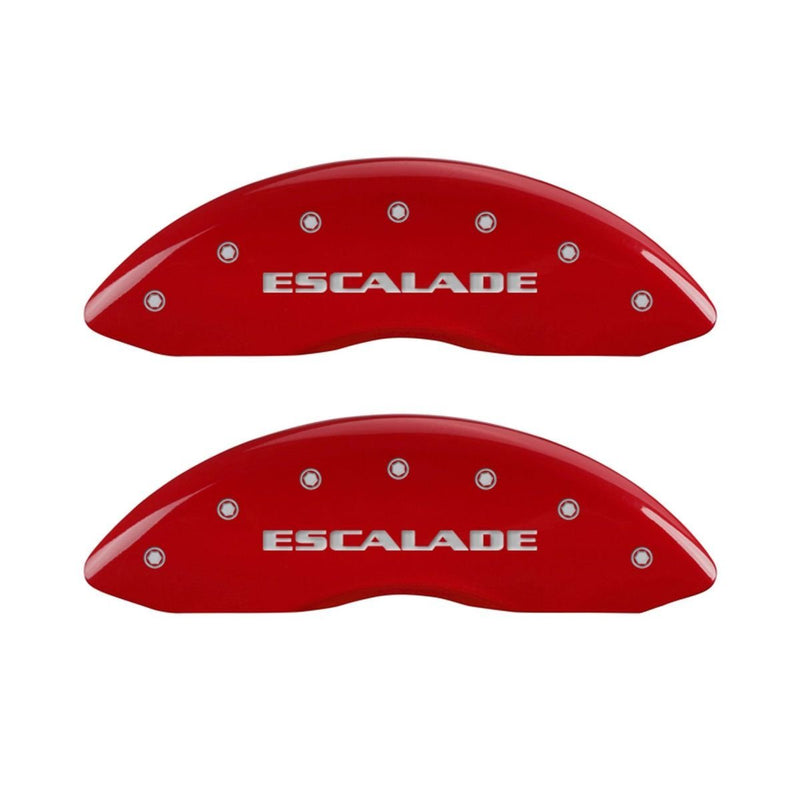 SET OF 4 CALIPER COVERS, RED, FRONT AND REAR: ESCALADE, SILVER CHARACTERS