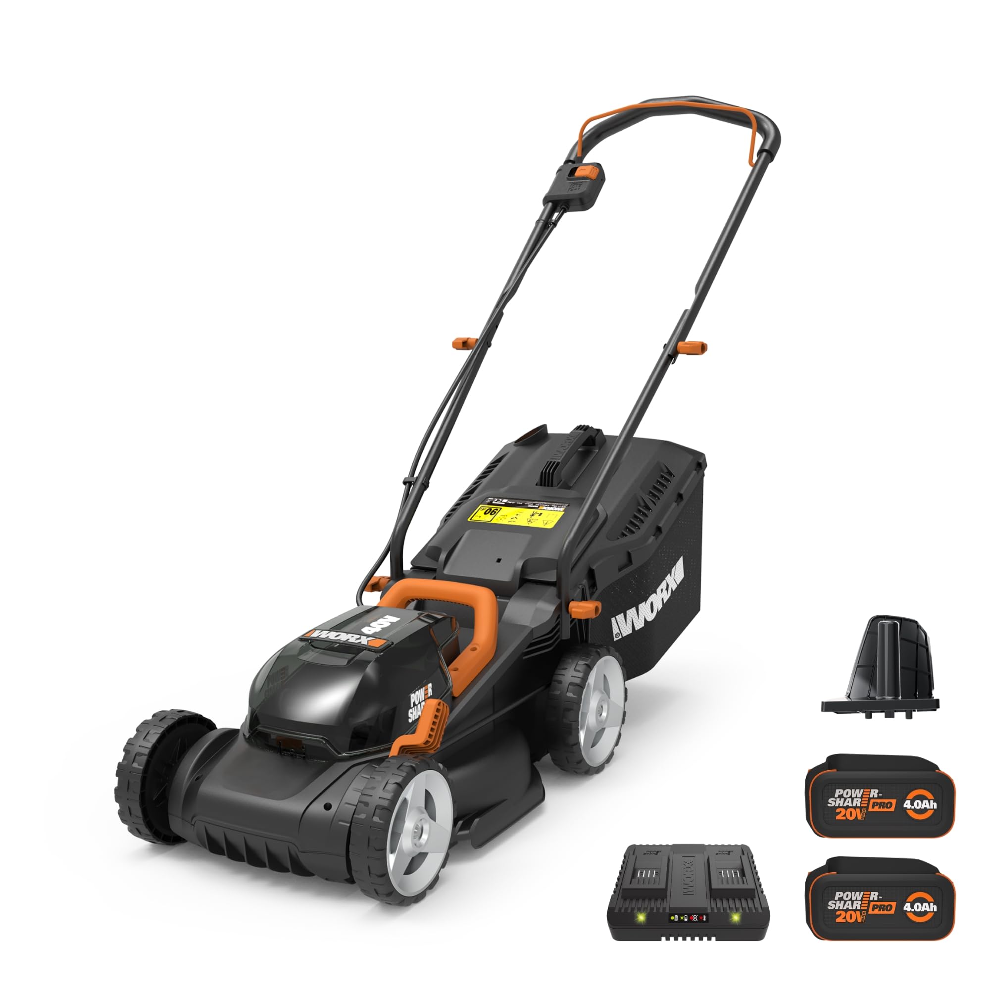 14" WORX Cordless Lawn Mower, 2 in 1 Electric Mower Cuts Quietly, Compact & Lightweight Push Lawn Mower with 6-Position Height Adjustment for Small Yards, 2 Batteries & Charger Included, WG779