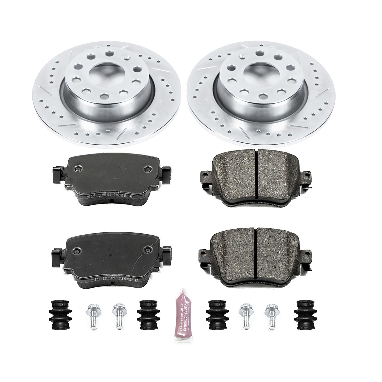Power Stop K7053 Z23 Carbon Fiber Brake Pads Rear with Drilled & Slotted Brake Rotors Kit For VW GTI, VW Golf, VW Golf Alltrack, VW Golf SportWagen, VW Passat [Model Specific]