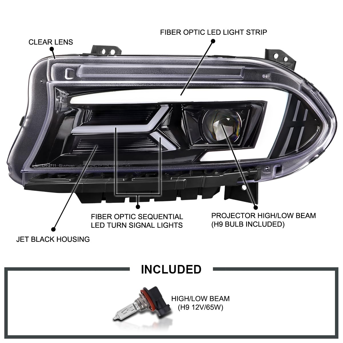 Jet Black LED Projector Headlights SPEC-D TUNING w/Sequential Turn Signal Compatible with 2015-2023 Dodge Charger with factory halogen headlights
