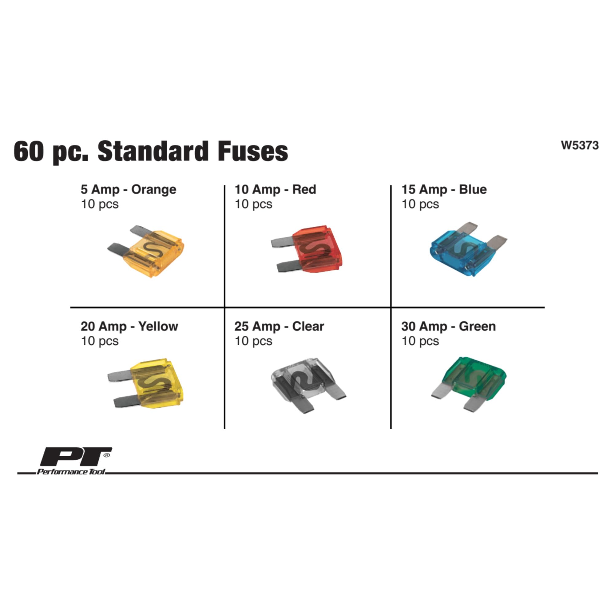 60-Piece Performance Tool W5373 Standard Fuse Assortment With Wide Range of Amp Ratings (5A, 10A, 15A, 20A, 25A, and 30A)