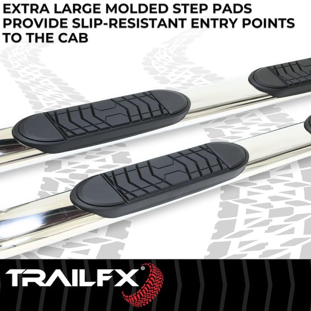 Trailfx Side Step Bars 2023-2025 Chevy Silverado 1500 Fits 5 Inch Oval Bent Nerf Bars with Step Pads Polished T304 Stainless Steel Welded End Caps Rocker Panel Mount Set of 2 TrailFX A7090S