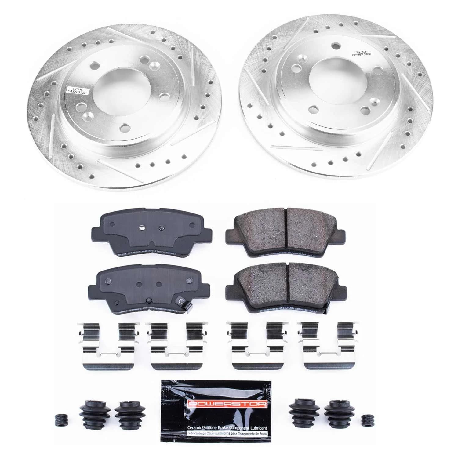 Power Stop K8331 Z23 Carbon Fiber Brake Pads Rear with Drilled & Slotted Brake Rotors Kit For Hyundai Veloster 2019-2021, Kia Forte 2020-2022 [Model Specific]