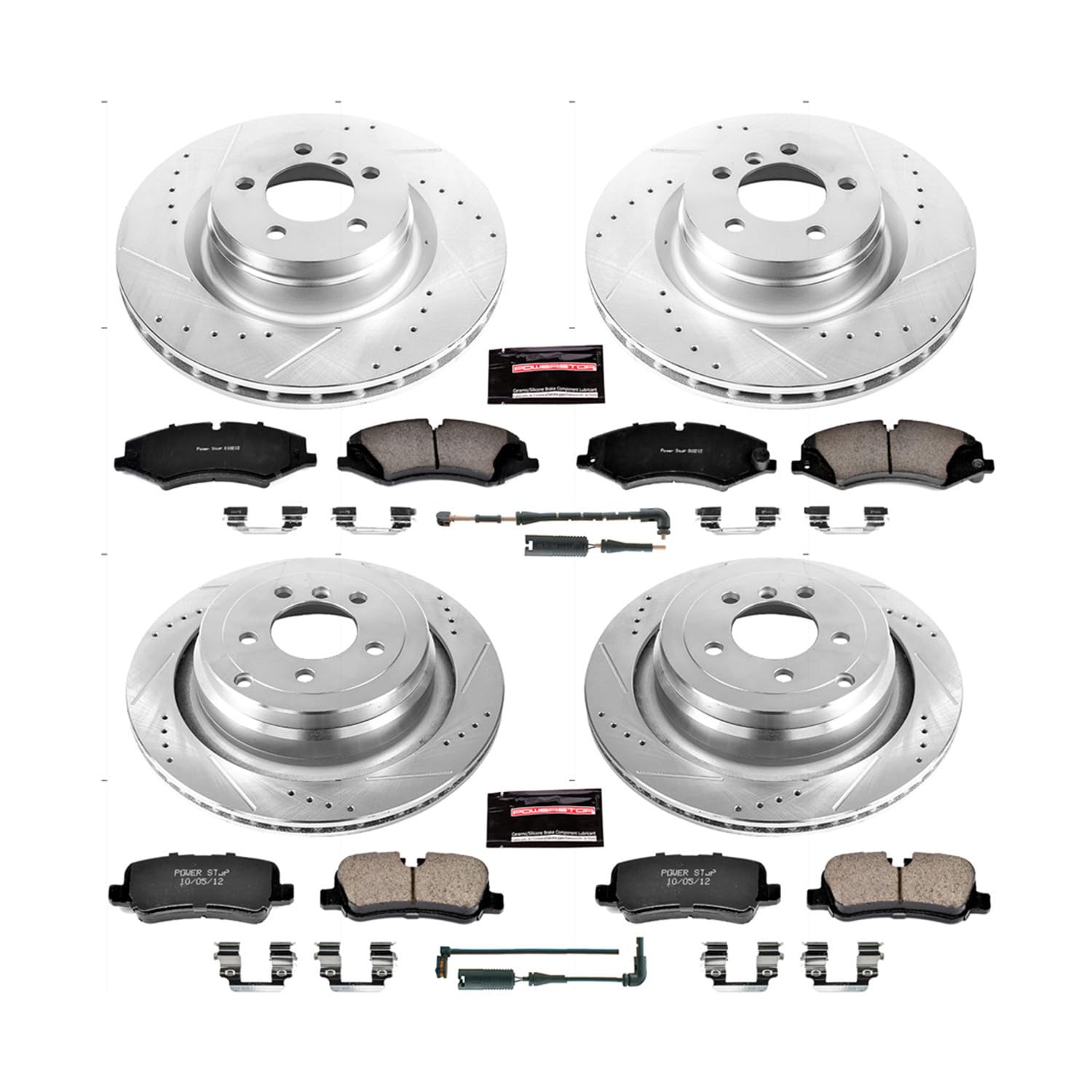 Power Stop K6476 Z23 Carbon Fiber Brake Pads Front and Rear with Drilled & Slotted Brake Rotors Kit and 1 Front & 1 Rear Sensor Wires