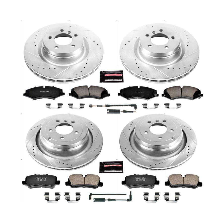 Power Stop K6476 Z23 Carbon Fiber Brake Pads Front and Rear with Drilled & Slotted Brake Rotors Kit and 1 Front & 1 Rear Sensor Wires