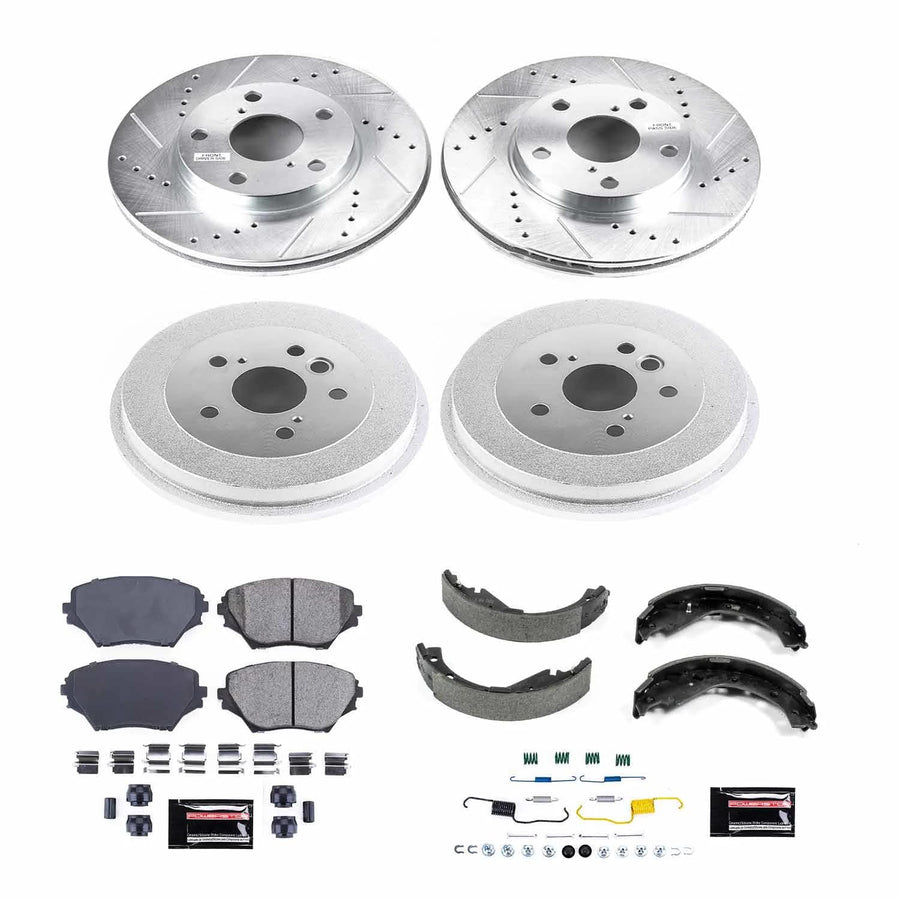 Power Stop K15229DK Z23 Carbon Fiber Brake Pads Front and Rear with Drilled & Slotted Brake Drums Kit For Toyota RAV4 2003-2005 [Model Specific]
