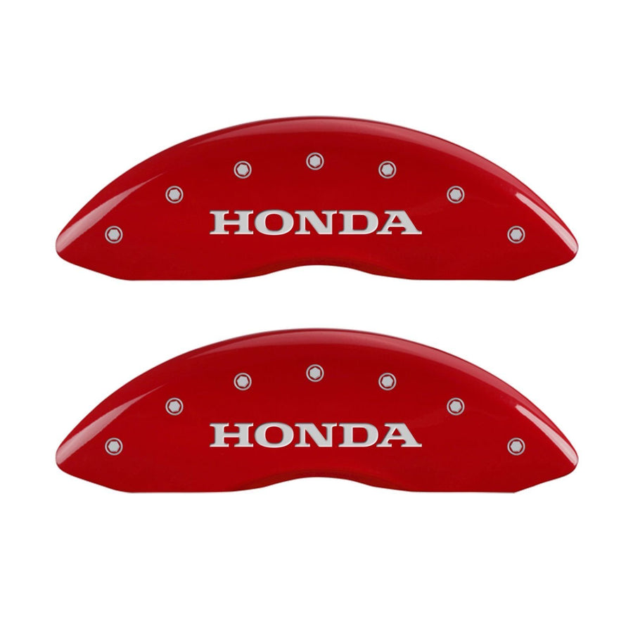 Brake Caliper Covers MGP Compatible with 2009-2025 Honda Pilot, 2017-2025 Honda Ridgeline - Powder-Coated Finish, 4PCS Front and Rear (Red - Honda/Pilot Engraving)