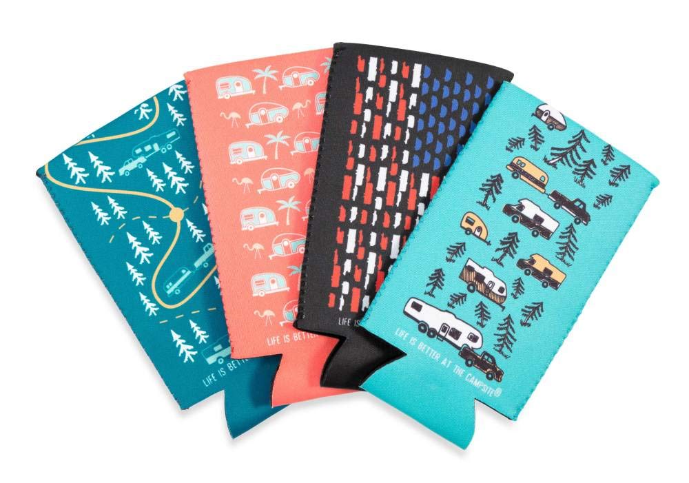 Camco Skinny Cozie Can Coolers at The Campsite Life Is Better | Features 4 Unique Camper/RV Themed Designs | 4-Pack (53309)