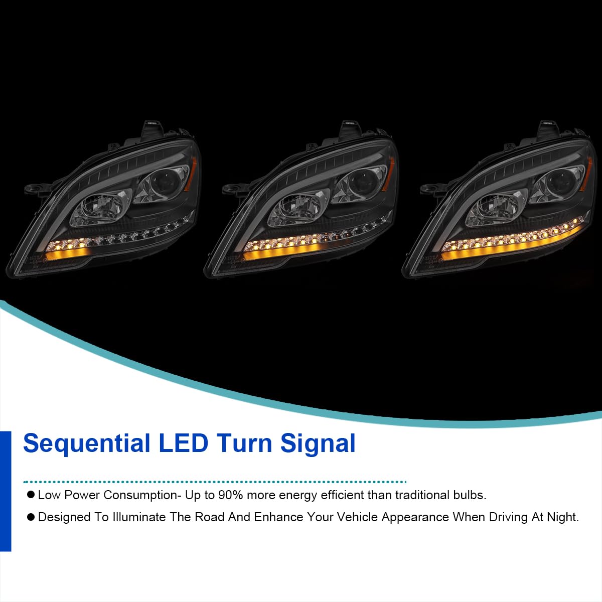 Matte Black SPEC-D TUNING Projector Headlights with LED Sequential Turn Signals Compatible with 2009-2011 Mercedes Benz W164 ML320, Left + Right Pair Headlamp Assembly
