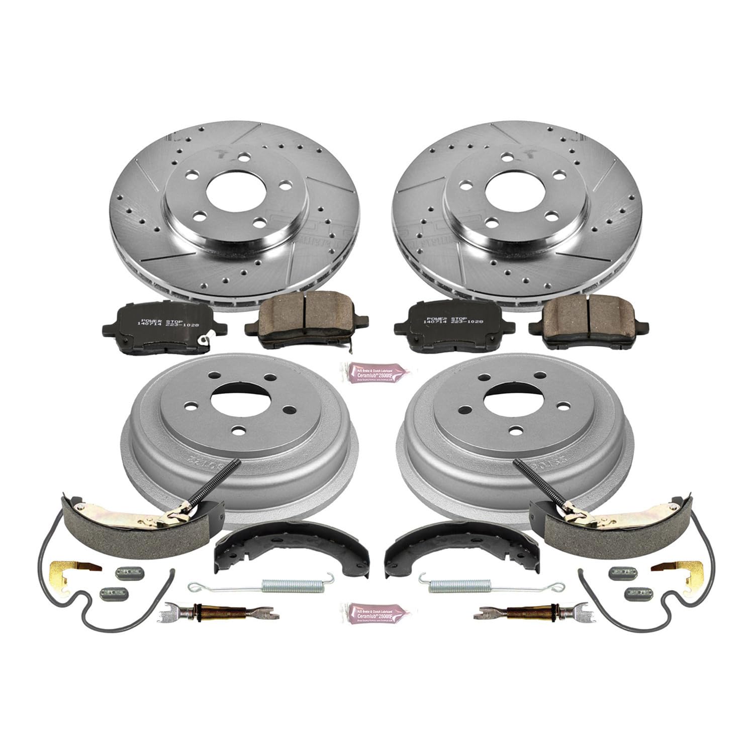 Power Stop K15239DK Z23 Carbon Fiber Brake Pads Front and Rear with Drilled & Slotted Brake Drums Kit For Chevrolet Malibu 2004-2007 [Model Specific]
