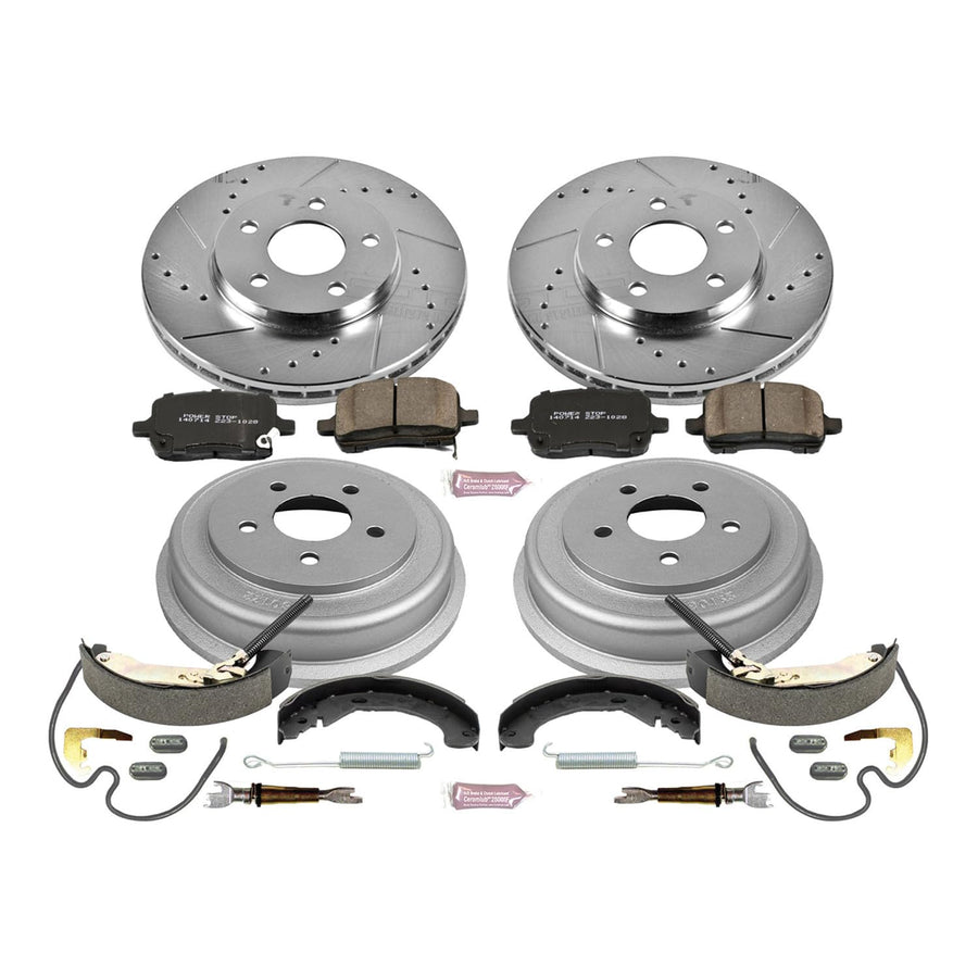 Power Stop K15239DK Z23 Carbon Fiber Brake Pads Front and Rear with Drilled & Slotted Brake Drums Kit For Chevrolet Malibu 2004-2007 [Model Specific]