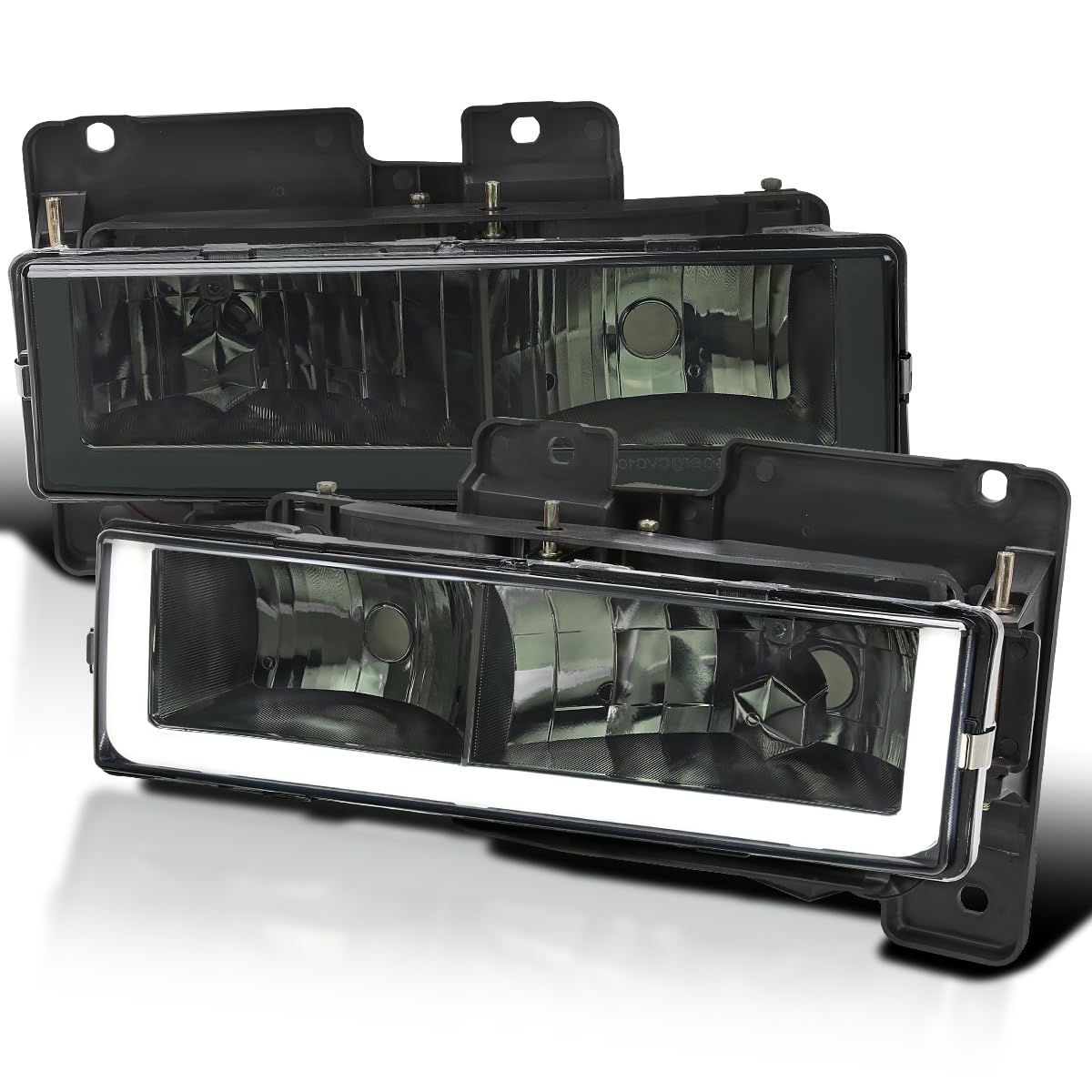 Smoke Spec-D Tuning Headlights w/LED Light Bar Compatible with 1988-1998 Chevy GMC C10 C/K 1500 2500 3500, Suburban, Tahoe, Silverado, Sierra, L+R Pair Head Light Lamp Assembly