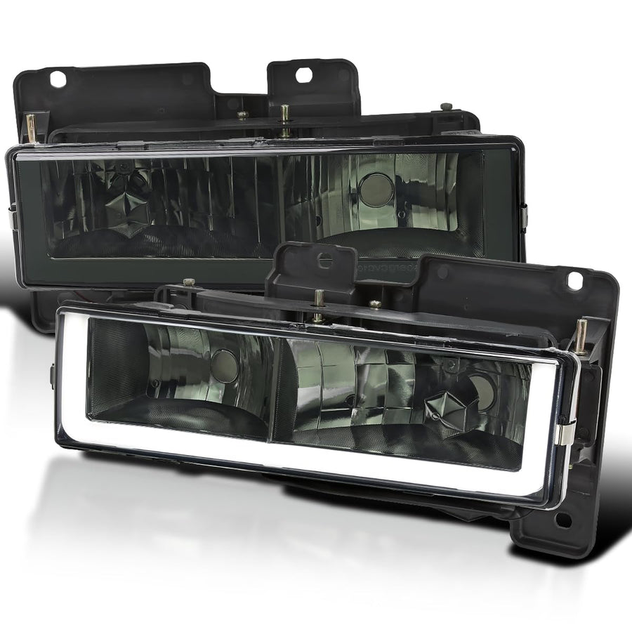 Smoke Spec-D Tuning Headlights w/LED Light Bar Compatible with 1988-1998 Chevy GMC C10 C/K 1500 2500 3500, Suburban, Tahoe, Silverado, Sierra, L+R Pair Head Light Lamp Assembly