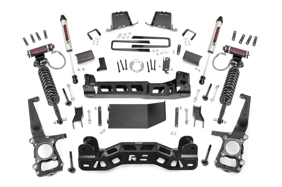 6" Rough Country Suspension Lift Kit for Ford F-150 4WD (2014) - Adjustable Vertex Coilovers & V2 Rear Monotube Shocks, Fits 35" Tires