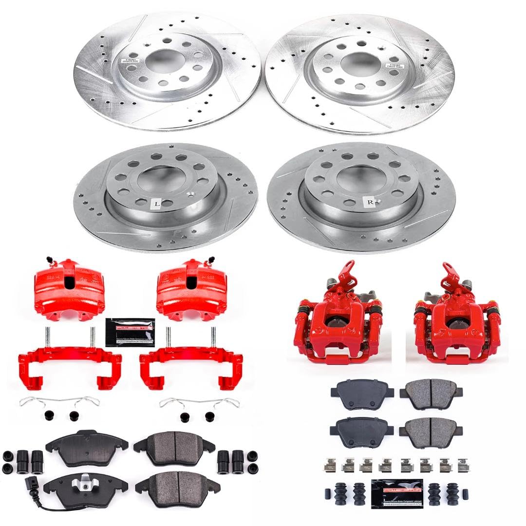 Power Stop Z23 Evolution Front and Rear Caliper Kit-Drilled/Slotted Rotors, Brake Pads & Carbon Ceramic Calipers
