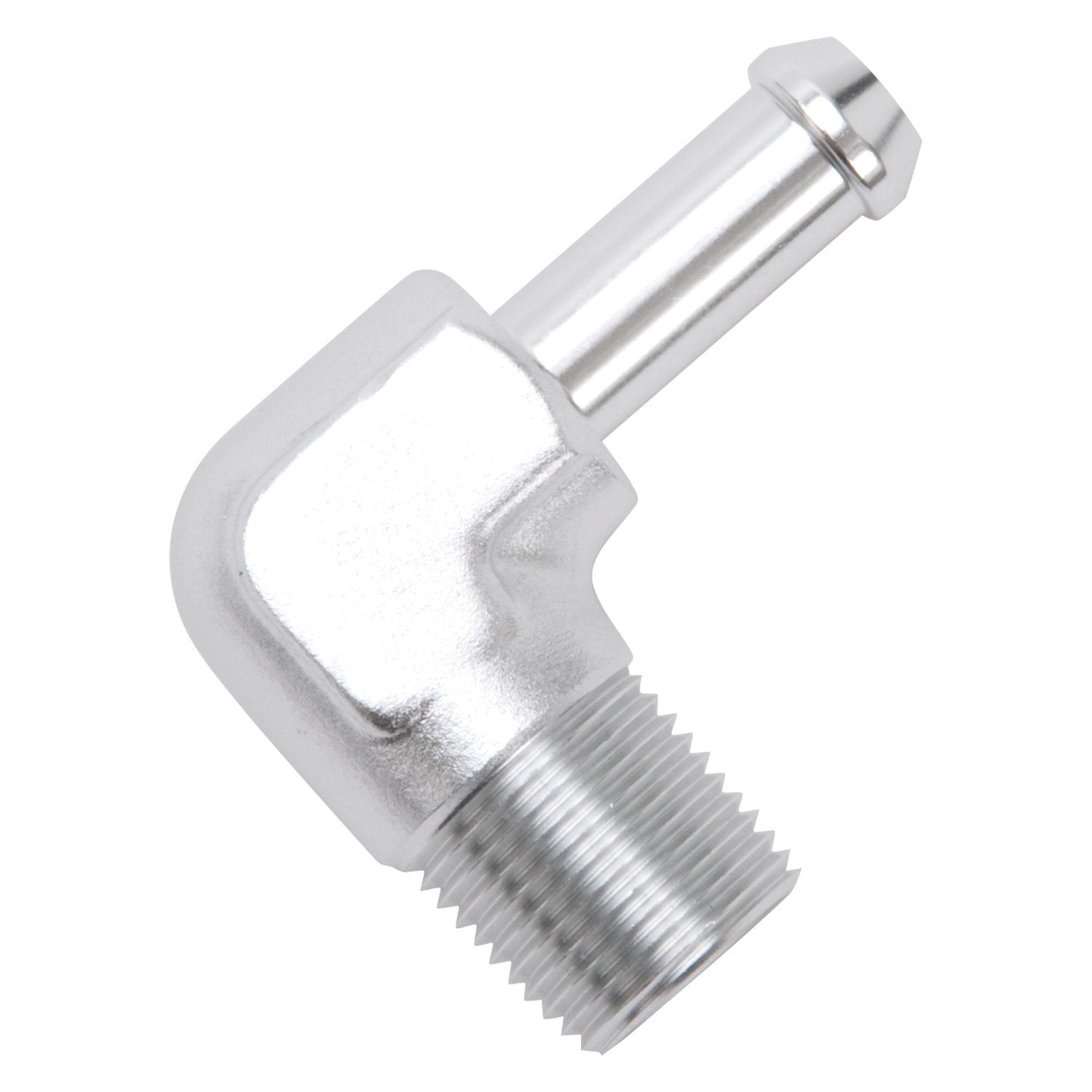 Edelbrock Heater Hose Fitting 90 Degree 3/8 in. NPT And 3/8 in. Barb Clear Anodized 8168