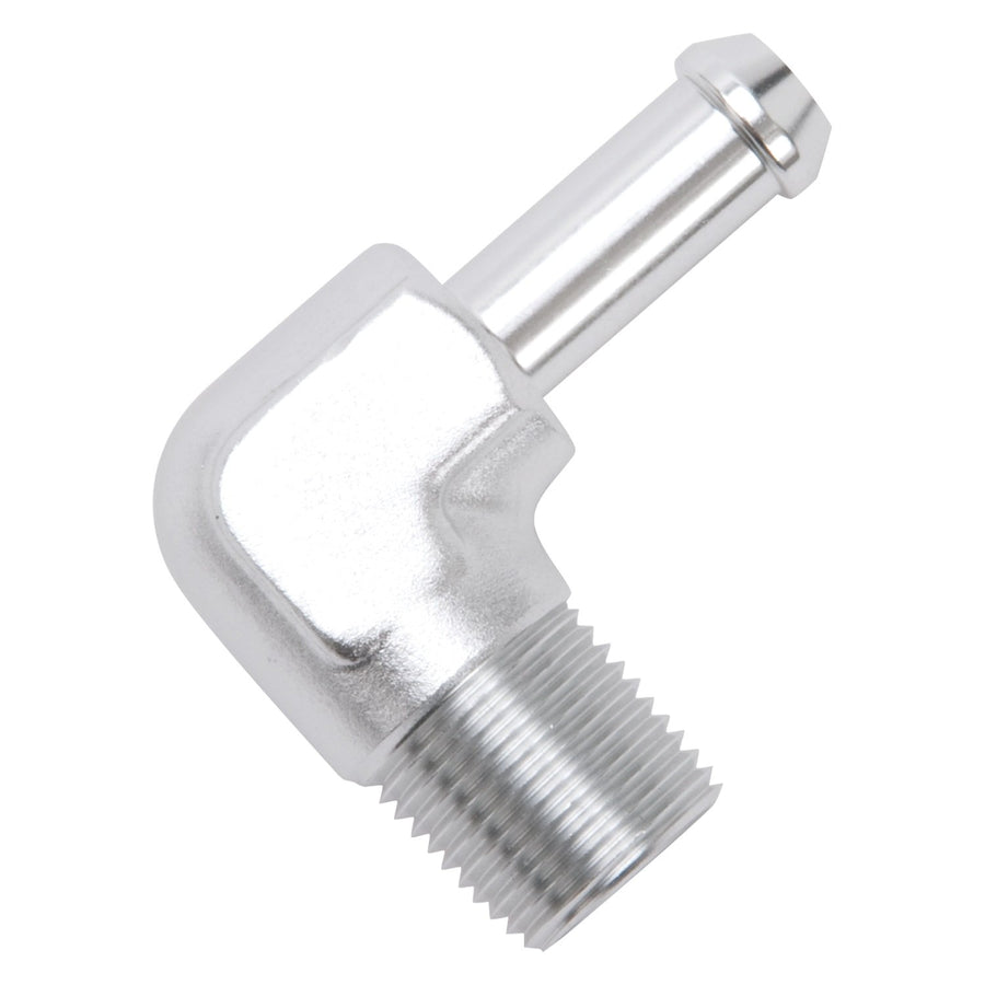 Edelbrock Heater Hose Fitting 90 Degree 3/8 in. NPT And 3/8 in. Barb Clear Anodized 8168