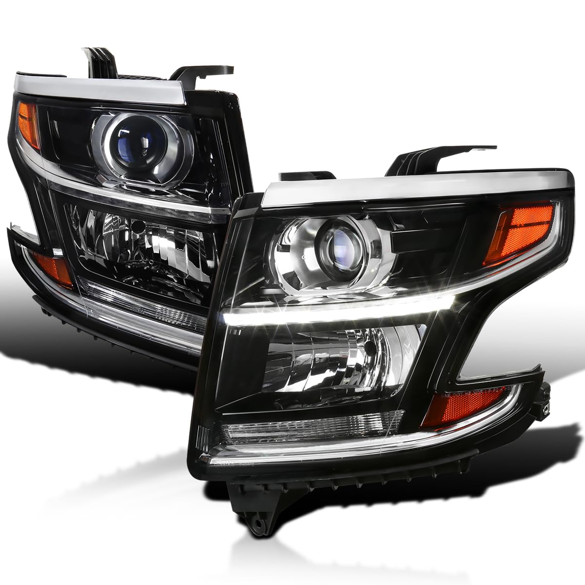 Black LED Light Bar Projector Headlights SPEC-D TUNING Compatible with 2015-2020 Chevy Tahoe, Suburban, Left + Right Pair Headlamps Assembly