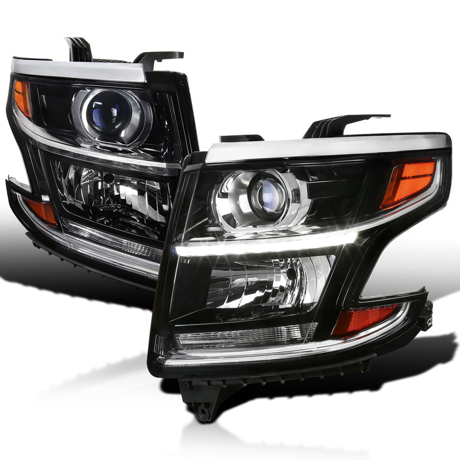 Black LED Light Bar Projector Headlights SPEC-D TUNING Compatible with 2015-2020 Chevy Tahoe, Suburban, Left + Right Pair Headlamps Assembly