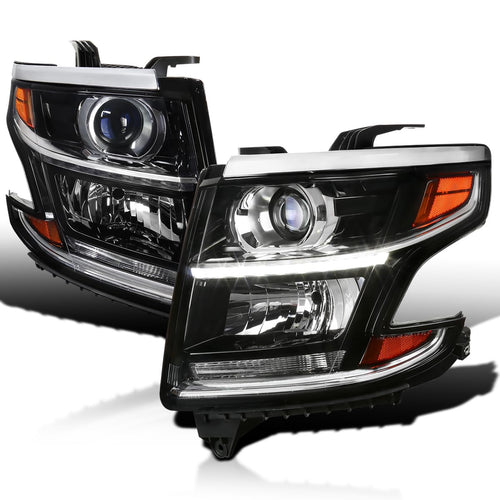 Black LED Light Bar Projector Headlights SPEC-D TUNING Compatible with 2015-2020 Chevy Tahoe, Suburban, Left + Right Pair Headlamps Assembly