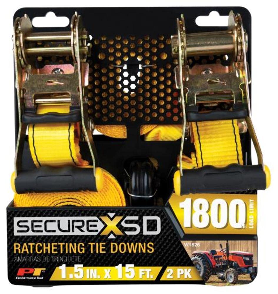 2Pk Performance Tool W1826 1-1/2-Inch X 15' Tie Downs - Heavy-Duty Ratchet Straps for Securing Cargo and Equipment, Ideal for Trucks, Trailers, and SUVs