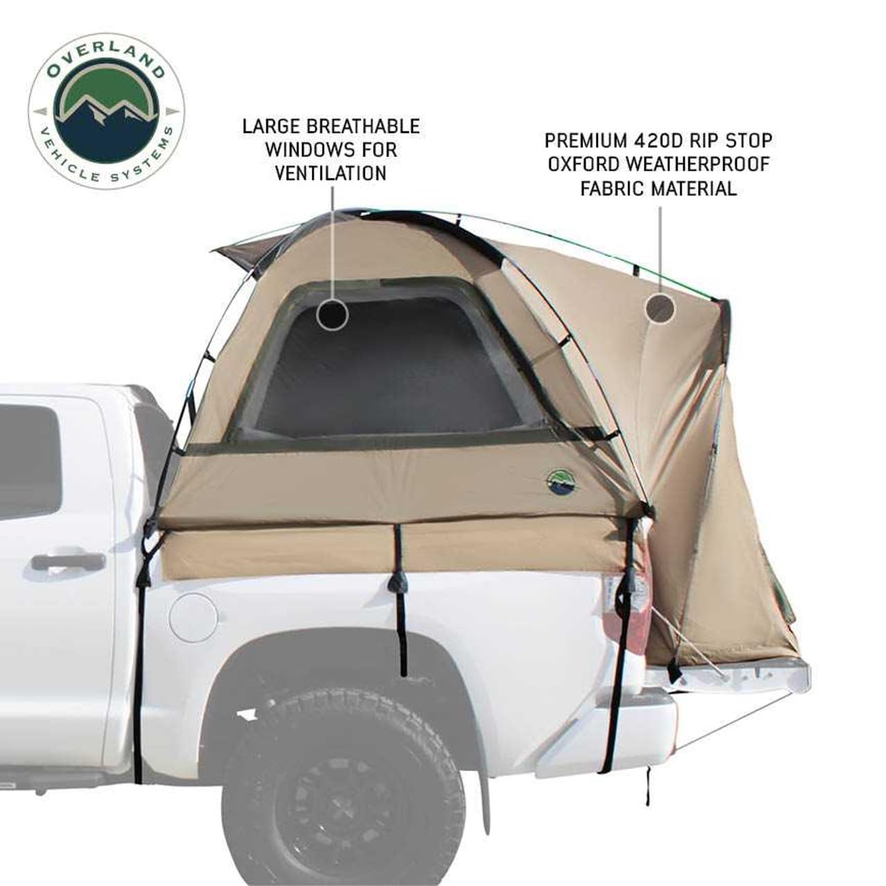 LD TACT Overland Vehicle Systems Truck Bed Tents - Tan Body & Green Rainfly 2-3 Person Tent (Full-Size Truck - 5.5' Bed) - Premium 420D Material - Perimeter Skirt and Reinforced Floor
