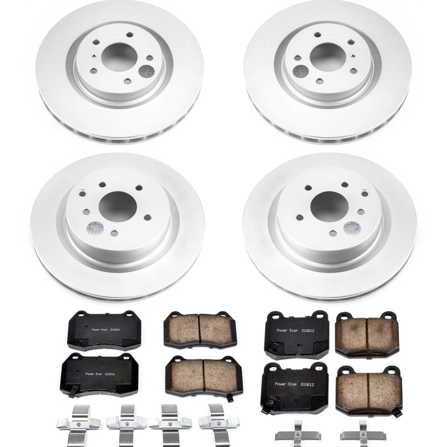 Power Stop CRK4488 Coated Brake Rotors and Z17 Front and Rear Brake Pads Kit For INFINITI G35 2003-2004, Nissan 350Z 2003-2008 [Model Specific]