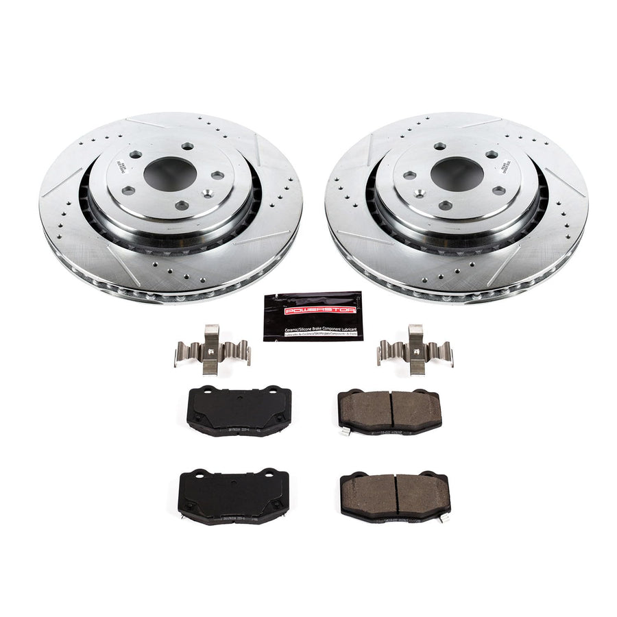 Power Stop K7045 Z23 Carbon Fiber Brake Pads Rear with Drilled & Slotted Brake Rotors Kit For Cadillac ATS 2016-2018, Chevrolet Camaro 2016-2021 [Model Specific]