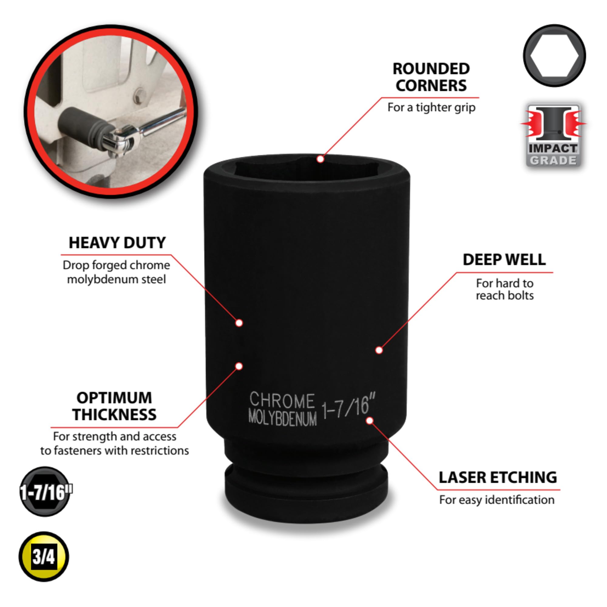 3/4-Inch Drive Performance Tool M742-46 1-7/16 Deep Wall Impact Socket for Heavy-Duty Automotive and Industrial Applications with Durability and Precision