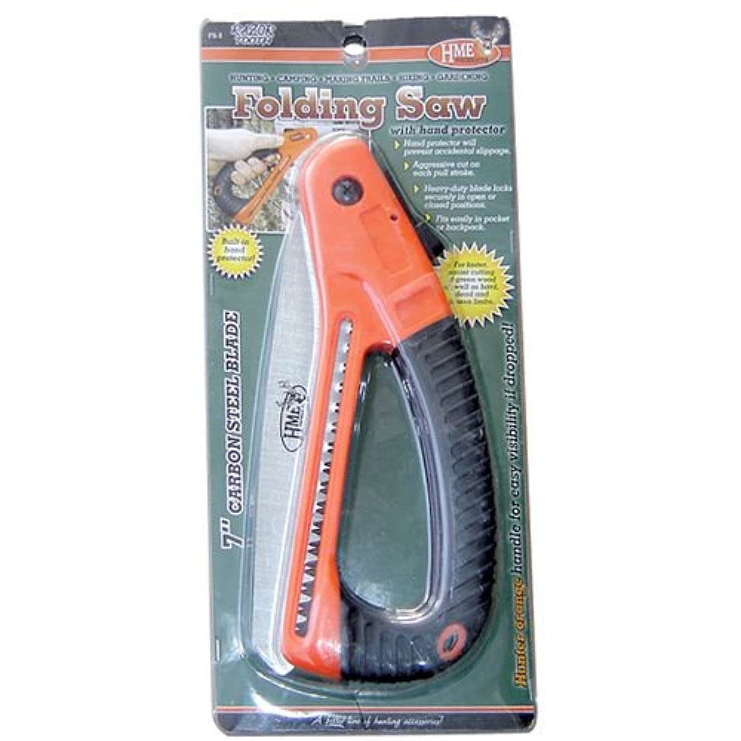 HME 7" Folding Carbon Steel Blade Pocket Hand Saw with Hand Protector for Camping, Backpacking, Hunting