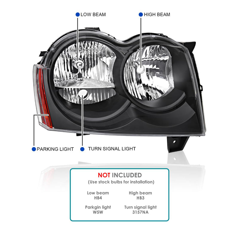 Black Headlights SPEC-D TUNING Compatible with 2005-2007 Jeep Grand Cherokee, Left + Right Head Lights Assembly
