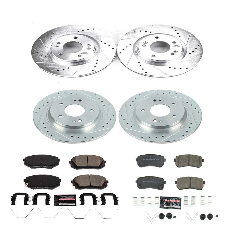 Z23 Power Stop K8286 Front and Rear Brake Kit-Drilled/Slotted Brake Rotors & Carbon Ceramic Brake Pads For Hyundai Kona 2018-2022, Kia Seltos 2021-2022 [Model Specific]