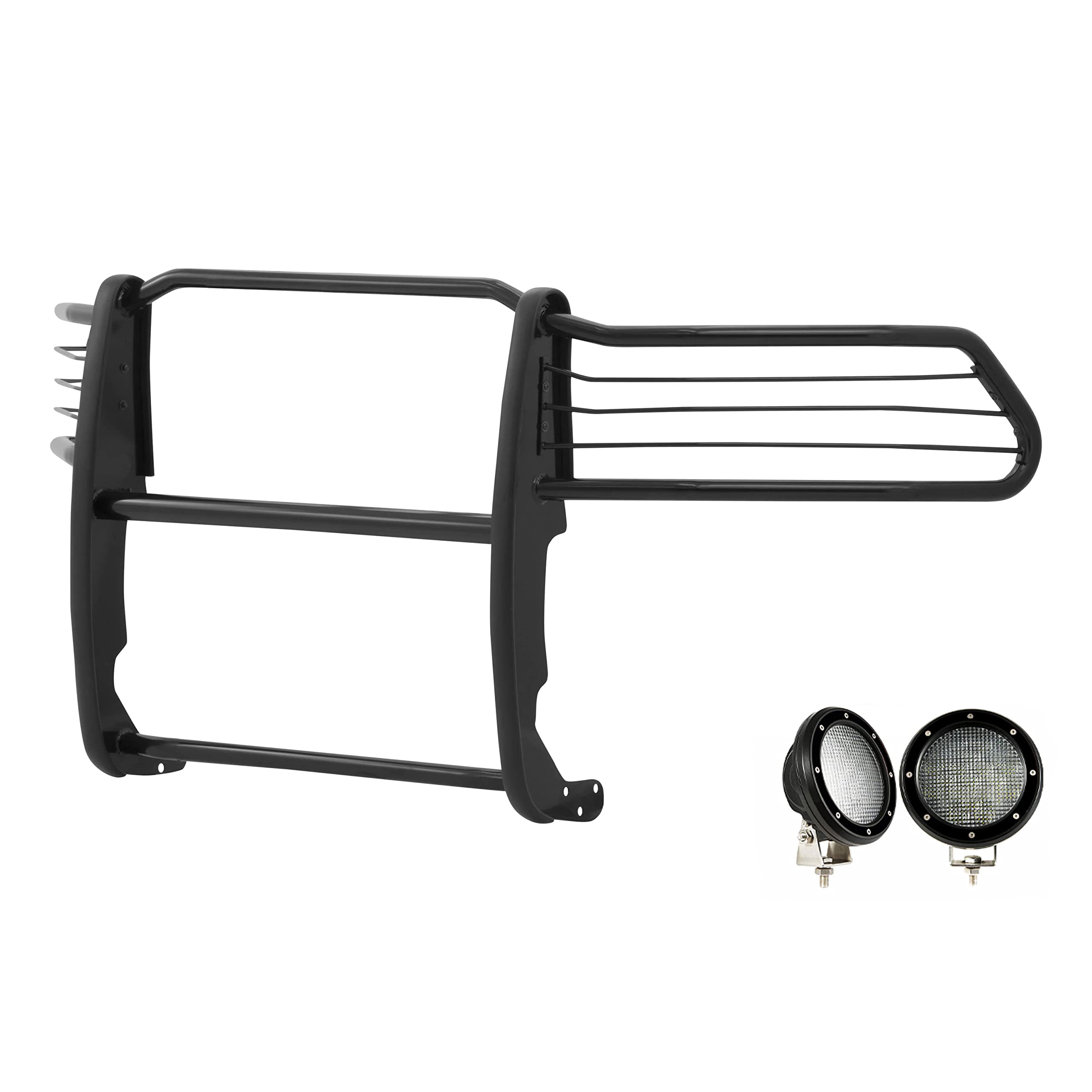 Bumper Guard Black Horse Grille Brush Modular Come with Pair of 5.3" Dia.LED Lights with Black Trim Rings Compatible with 2009-2018 Dodge Ram 1500|2019-2024 Ram 1500 Classic-17DG109MA-PLFB
