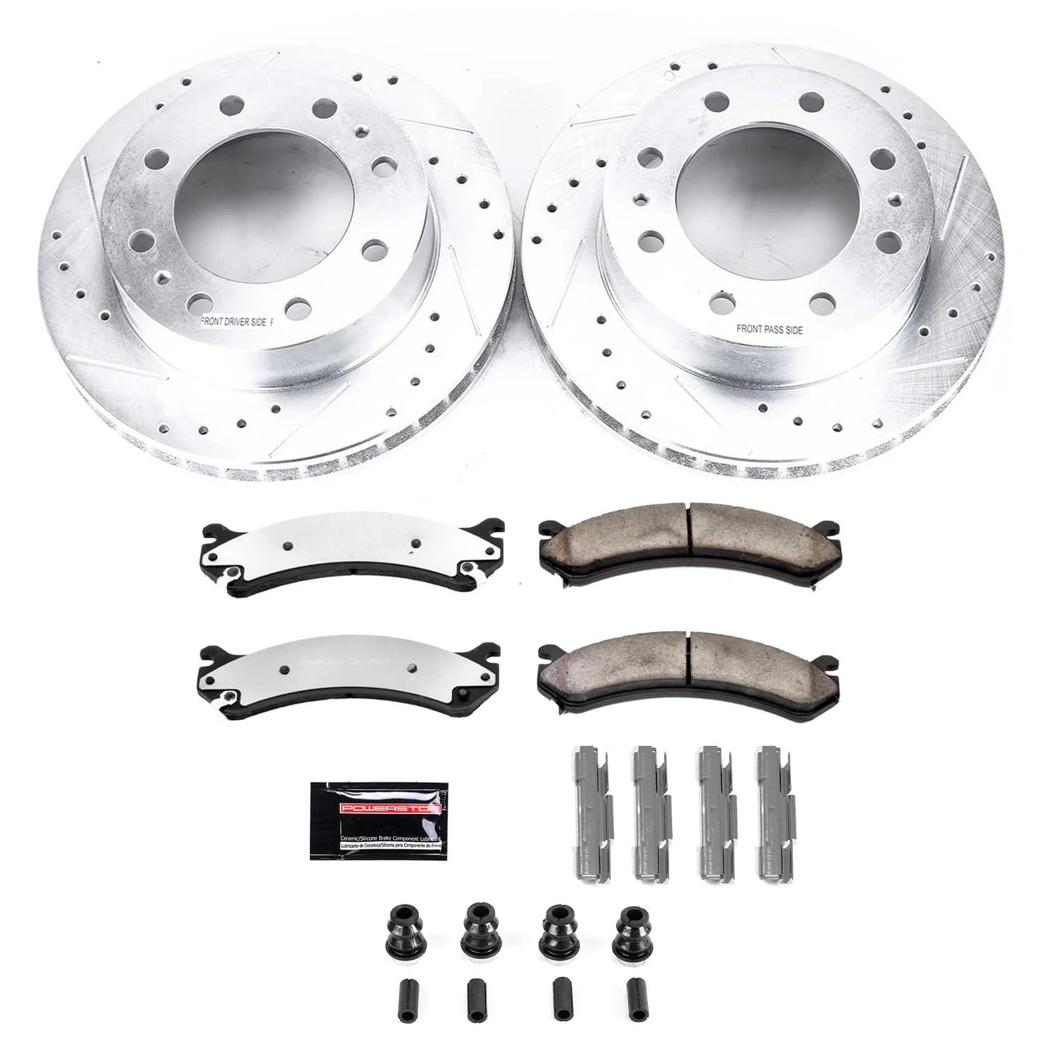 Power Stop Front Brake Kit For 2000 2001 2002 2003 2004 2005 Cadillac DeVille - Carbon Fiber Ceramic Brake Pads & Truck & Tow Drilled and Slotted Rotors Replacement, K2020-36