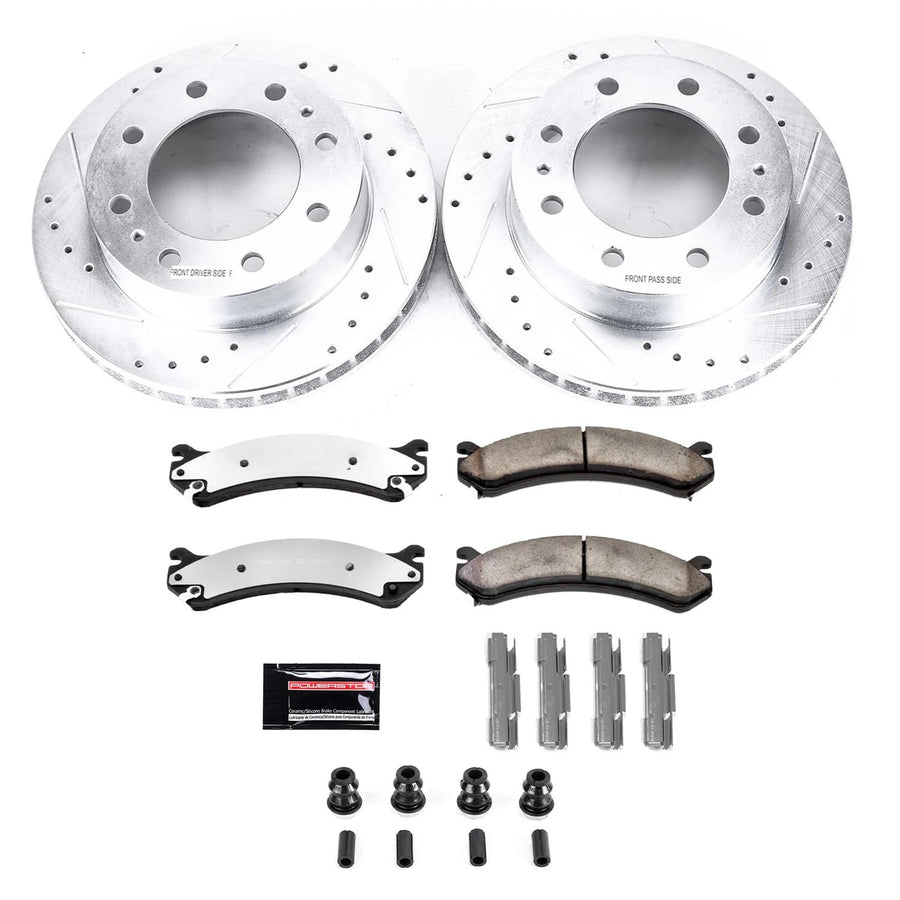 Power Stop Front Brake Kit For 2000 2001 2002 2003 2004 2005 Cadillac DeVille - Carbon Fiber Ceramic Brake Pads & Truck & Tow Drilled and Slotted Rotors Replacement, K2020-36