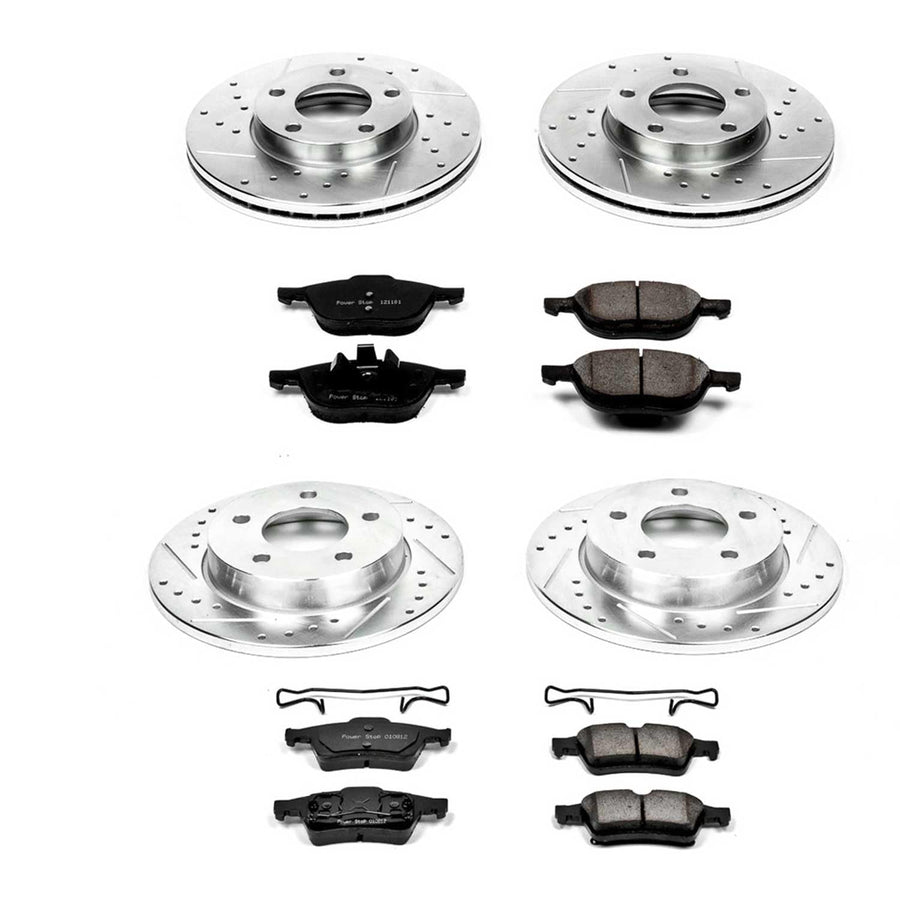 Power Stop K122 Z23 Carbon Fiber Brake Pads Front and Rear with Drilled & Slotted Brake Rotors Kit For Mazda 3 2004-2005 [Model Specific]