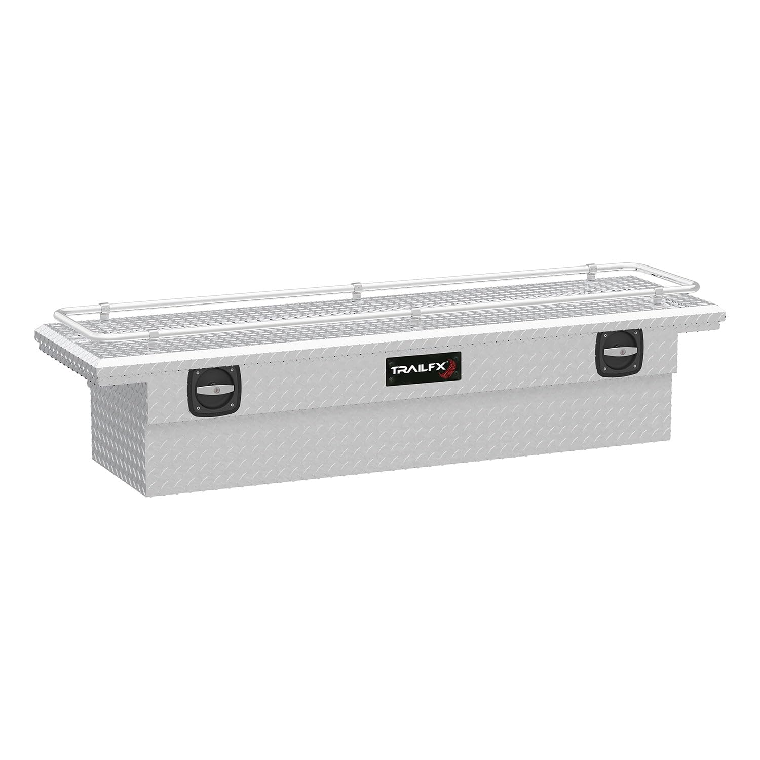 TrailFX Tool Box Low Profile Fits 1987-2025 Ford F-150 Crossover Single Lid with Rail, Diamond Tread Bright Aluminum 69 Inch Wide 8.4 Cubic Feet T-Handle TrailFX 120691